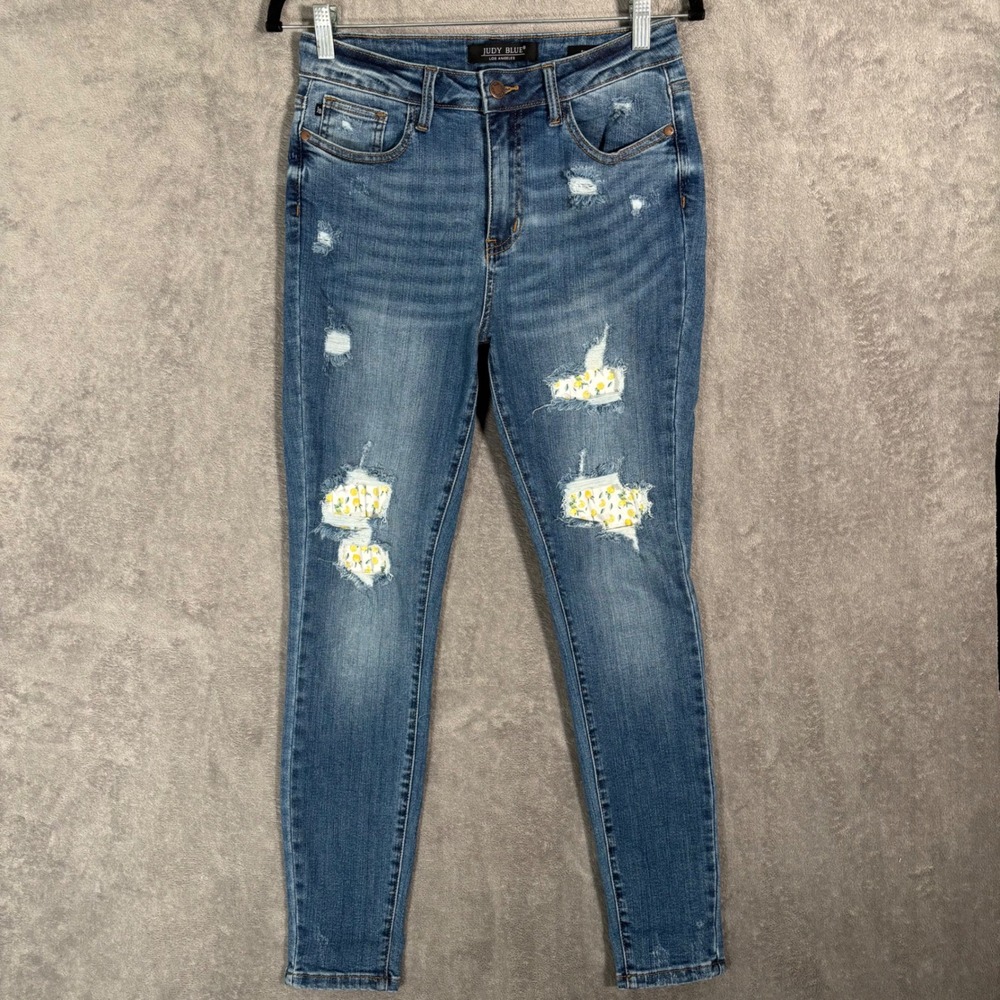 Judy Blue Skinny Fit Jeans Medium Wash Lemon Print Patch Distressed 5/27 Cottage